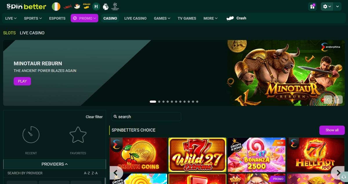 Screenshot of SpinBetter’s homepage featuring the Minotaur Reburn slot game in its banner as well as a selection of SpinBetter’s Choice games underneath in a slider.