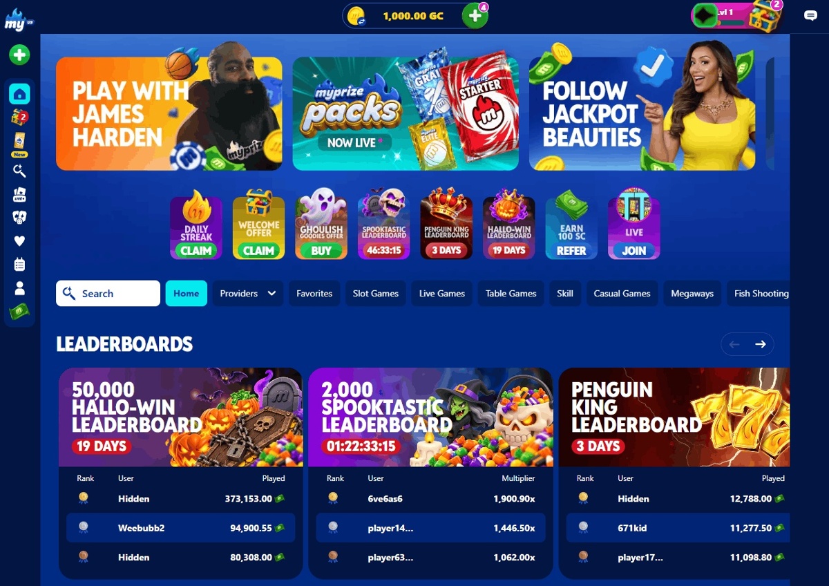 MyPrize.us sweepstakes casino homepage showing promotional banners for playing with James Harden and MyPrize Packs