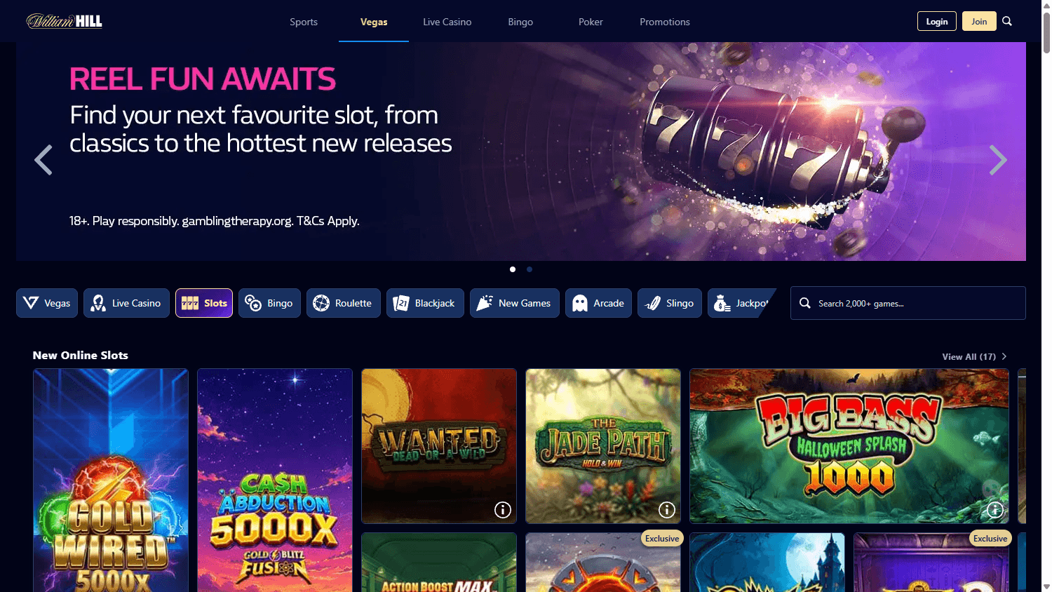 William Hill Vegas casino lobby website screenshot