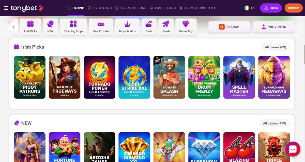 Screenshot of TonyBet homepage showing the Irish Picks category