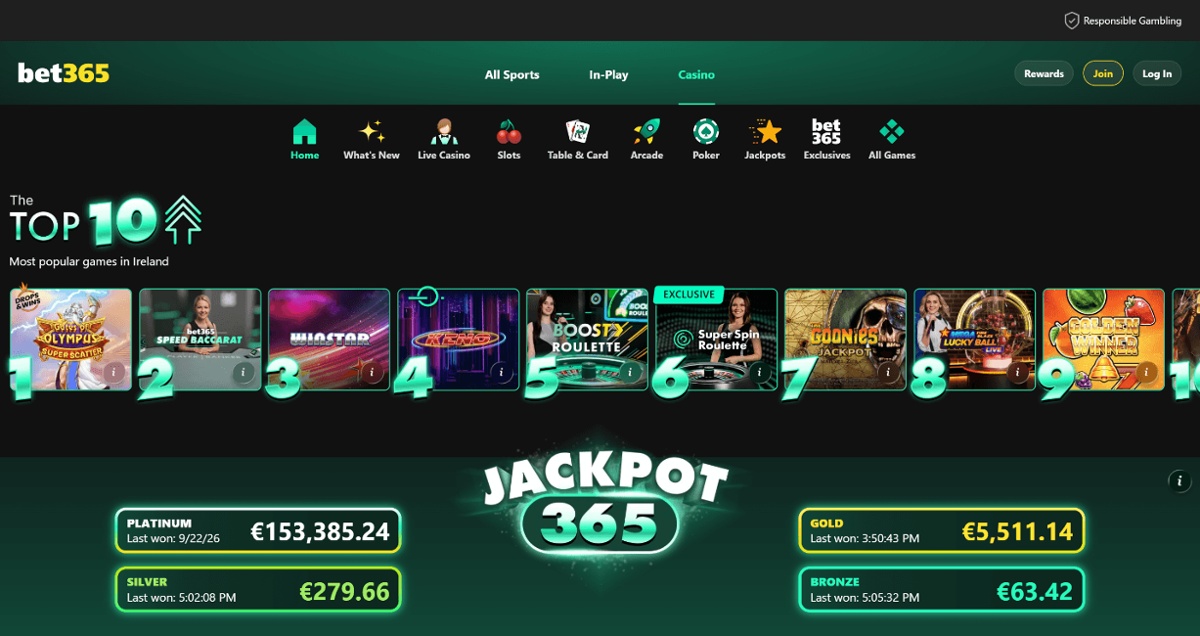 Screenshot of bet365 homepage showing the Top 10 Games in Ireland picks