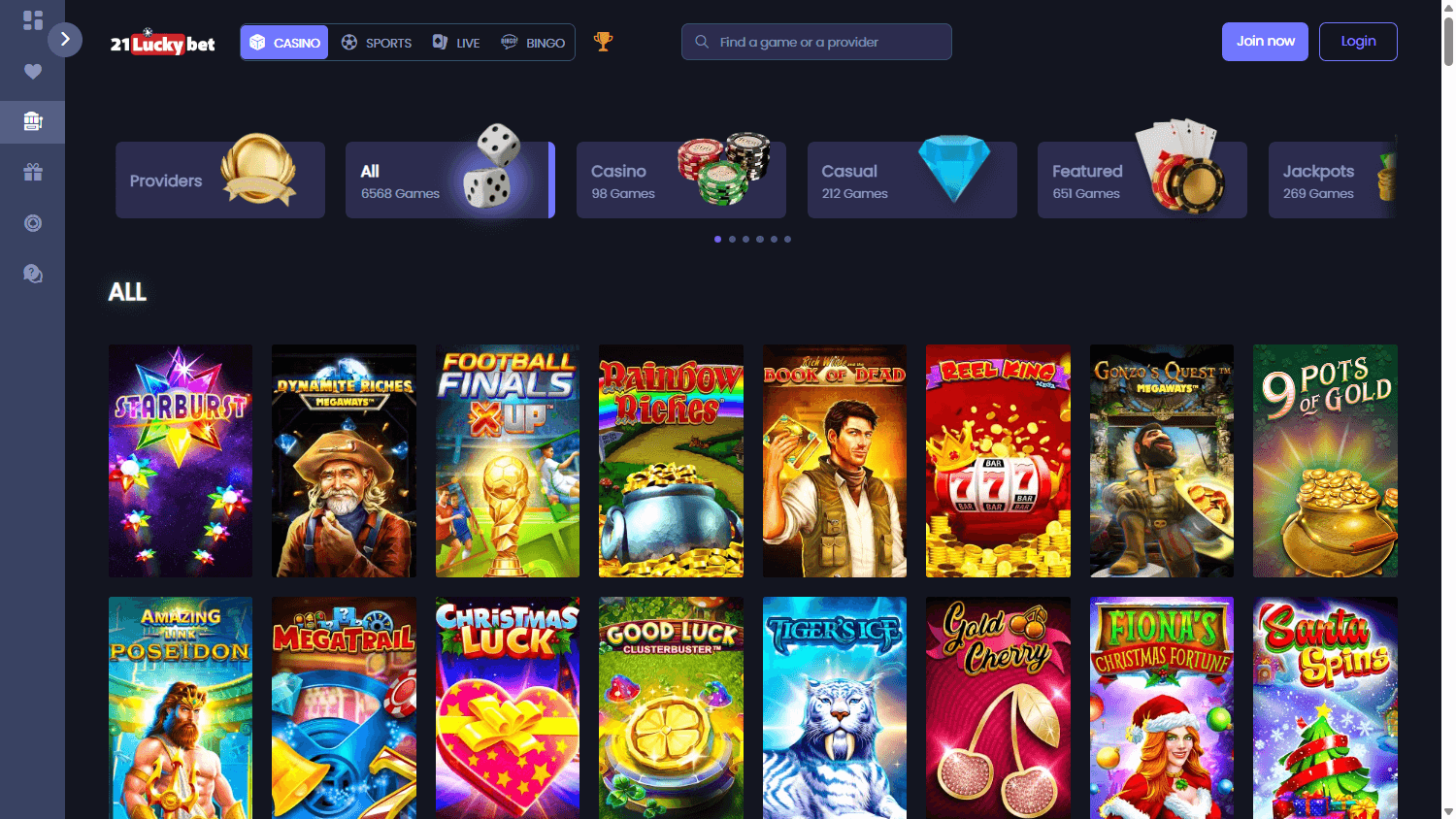 21Luckybet casino lobby website screenshot