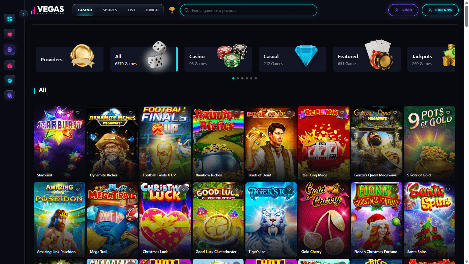 Vegas Mobile casino lobby website screenshot