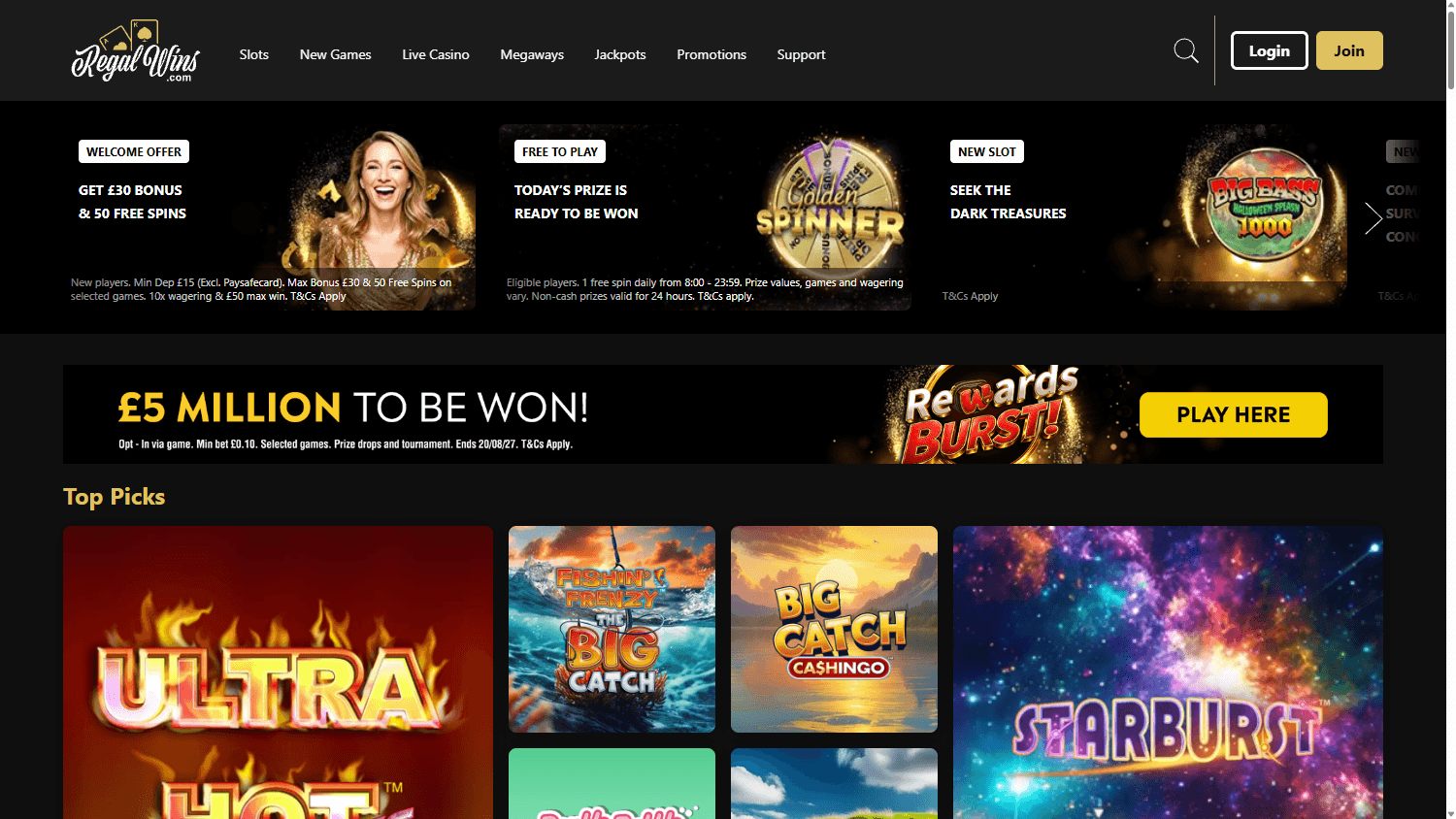 Regal Wins homepage website screenshot