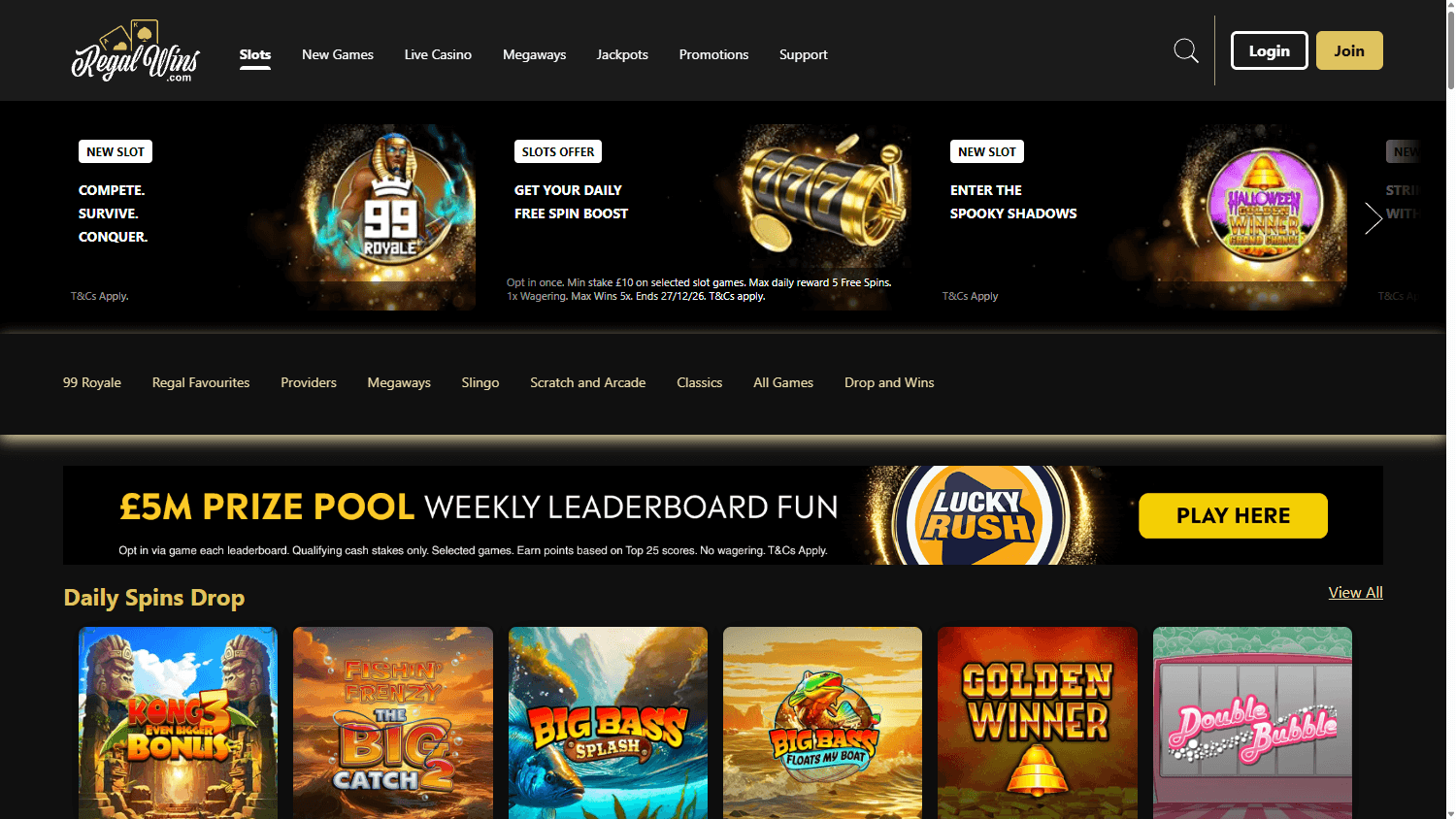Regal Wins casino lobby website screenshot