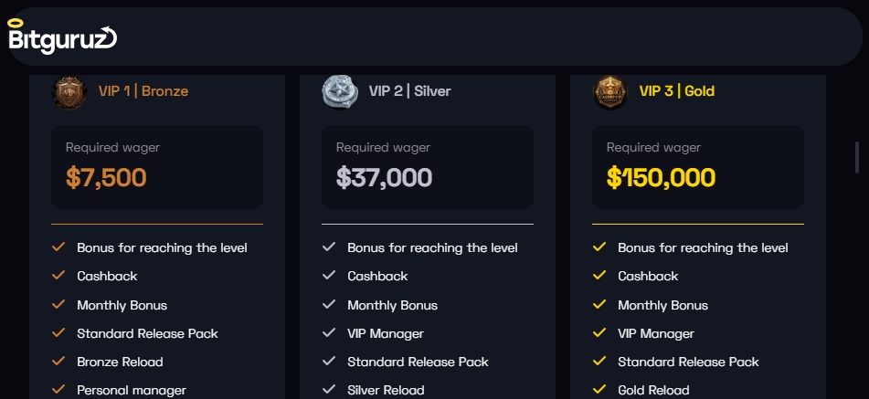 Bitguruz offers a VIP casino program to reward regular players