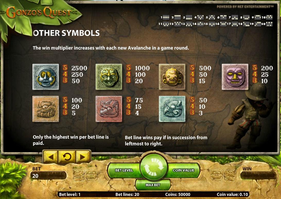 Gonzo's Quest slot game symbols and winlines