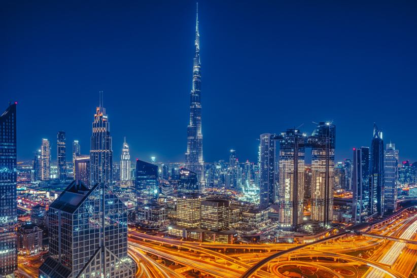 A night view of the city of Dubai.