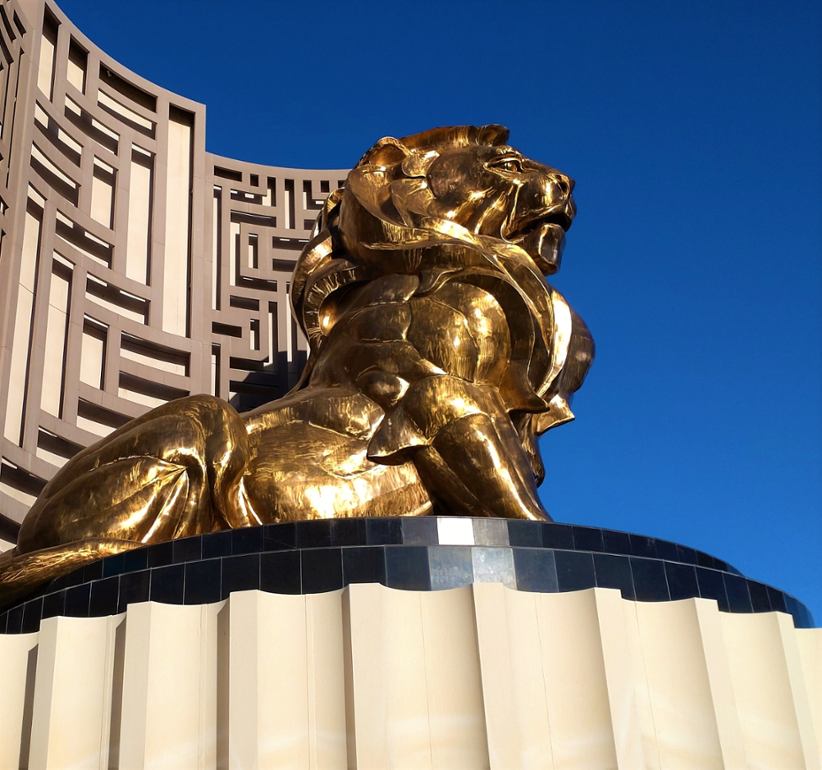 The MGM Grand lion symbol in front of a casino.