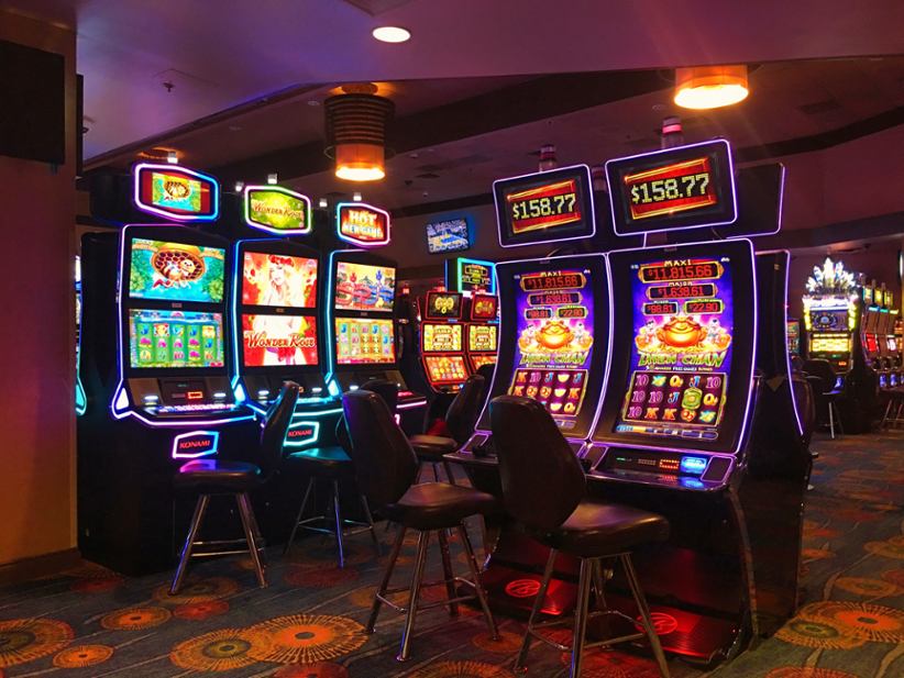 A bunch of slots with jackpots in a casino.
