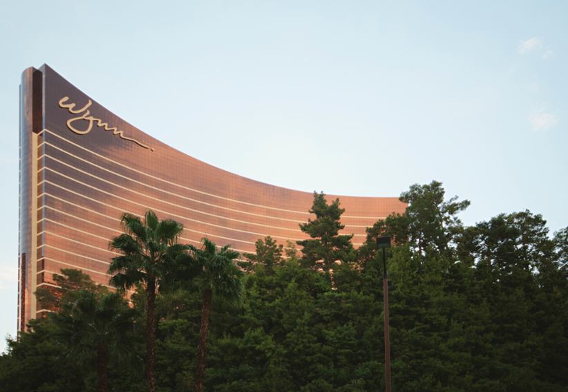 Wynn's hotel top seen from behind the trees.
