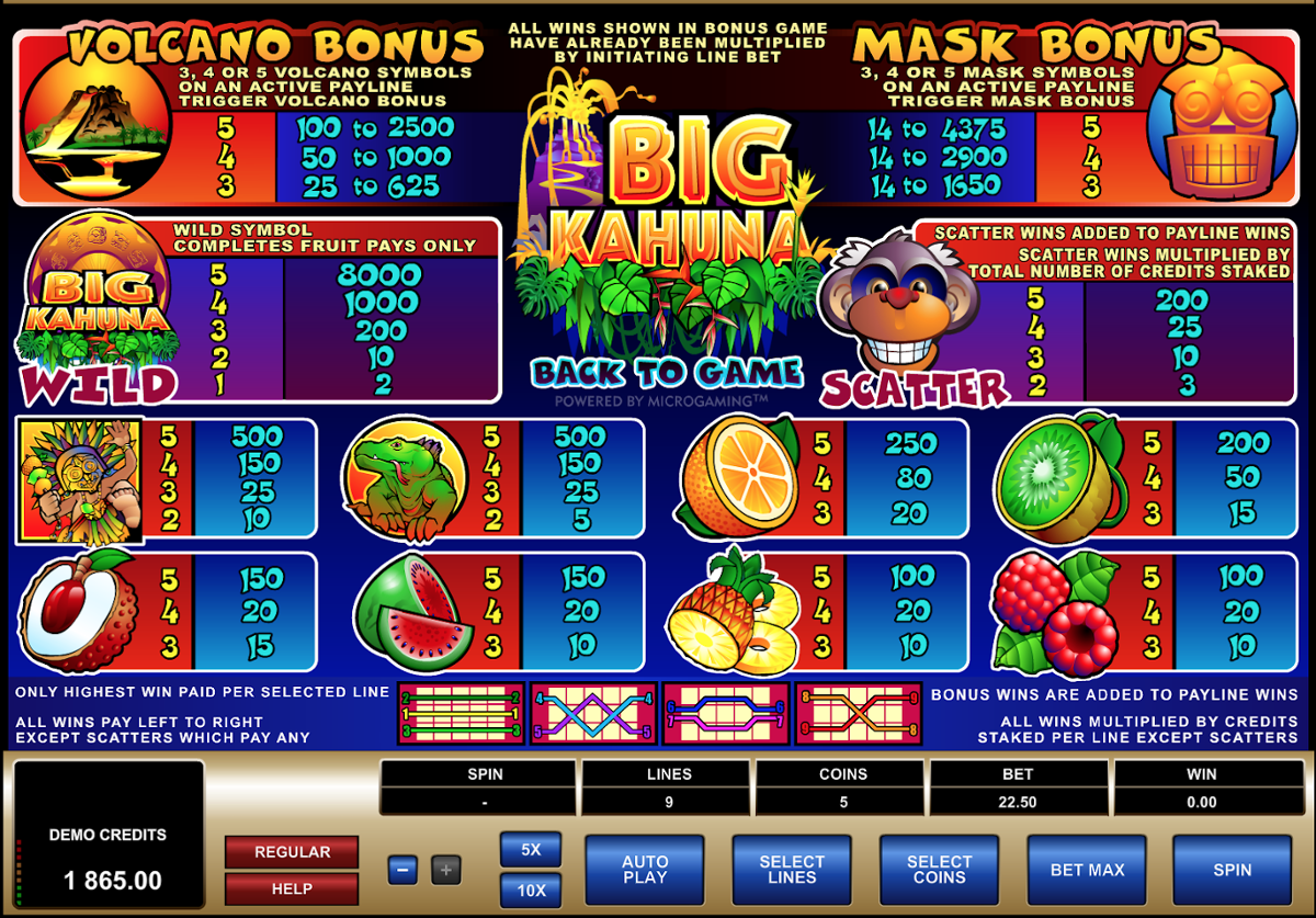 Big Kahuna Paytable