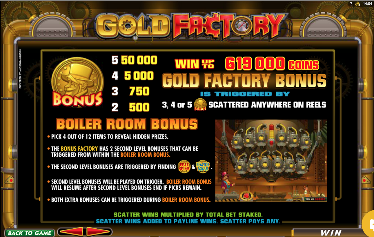Gold Factory Bonus Game Paytable