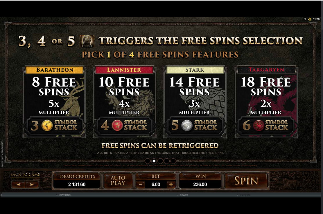 Game of Thrones Free Spins Choice
