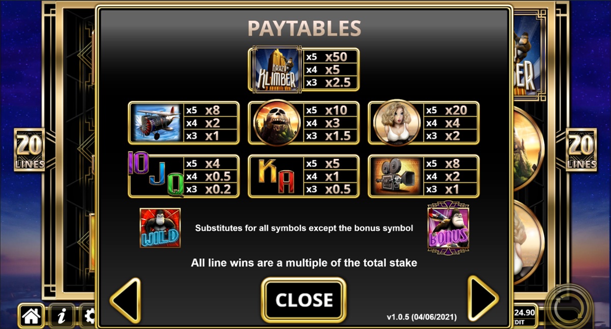 Krazy Klimber full paytable