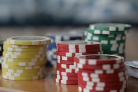 Poker chips stacked.