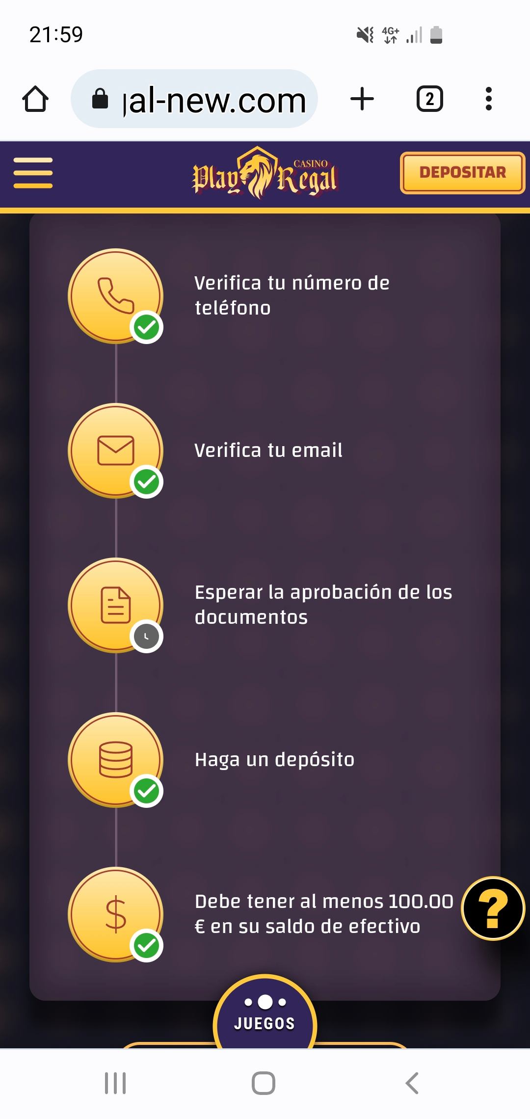 Interfaz de playregal casino