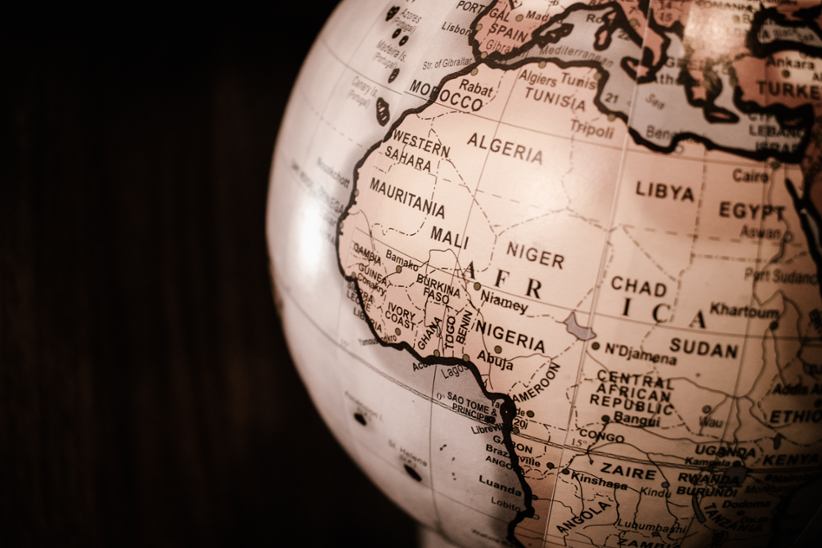 A globe that is turned to Africa.