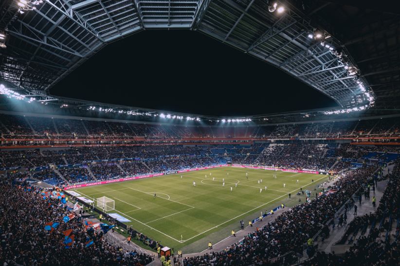 A stadium hosting a soccer match.