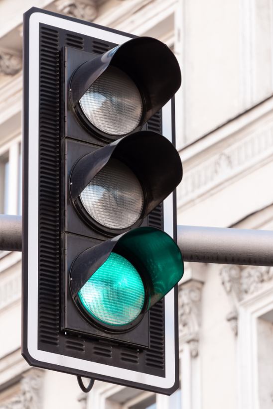A traffic light showing green.