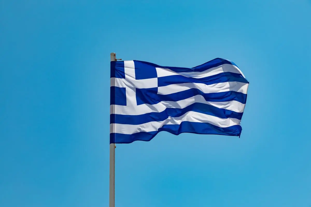 The Greek national flag waving in the wind.