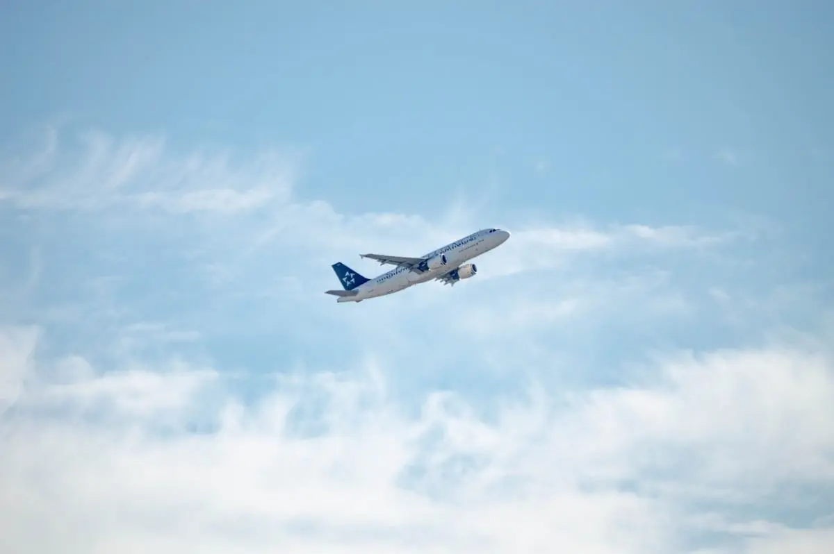 A plane taking off into the skies.
