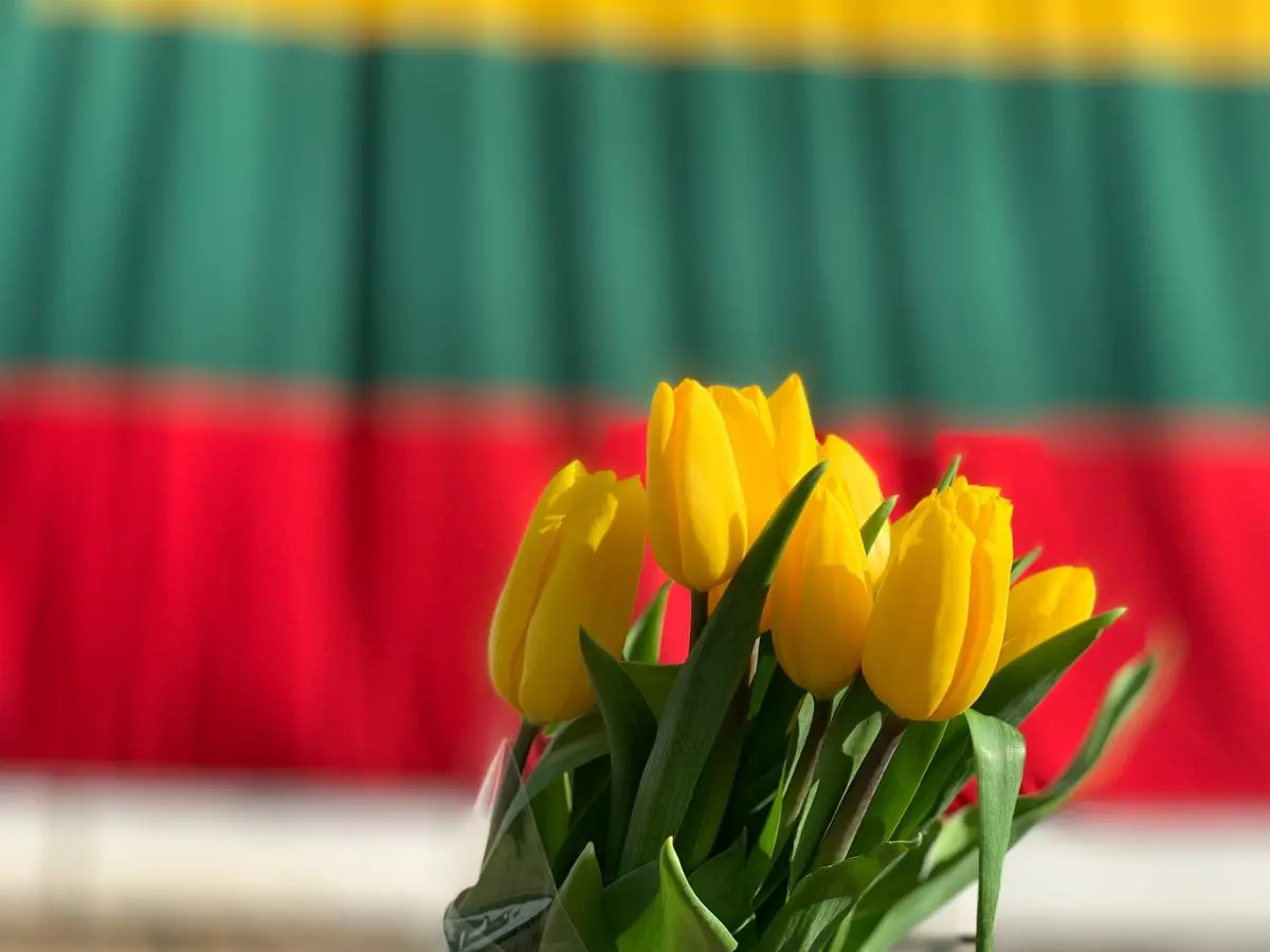 A bouquet of flowers against the Lithuanian national flag.