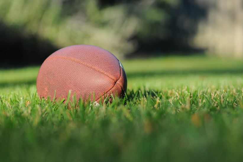 A football ball on the grass.