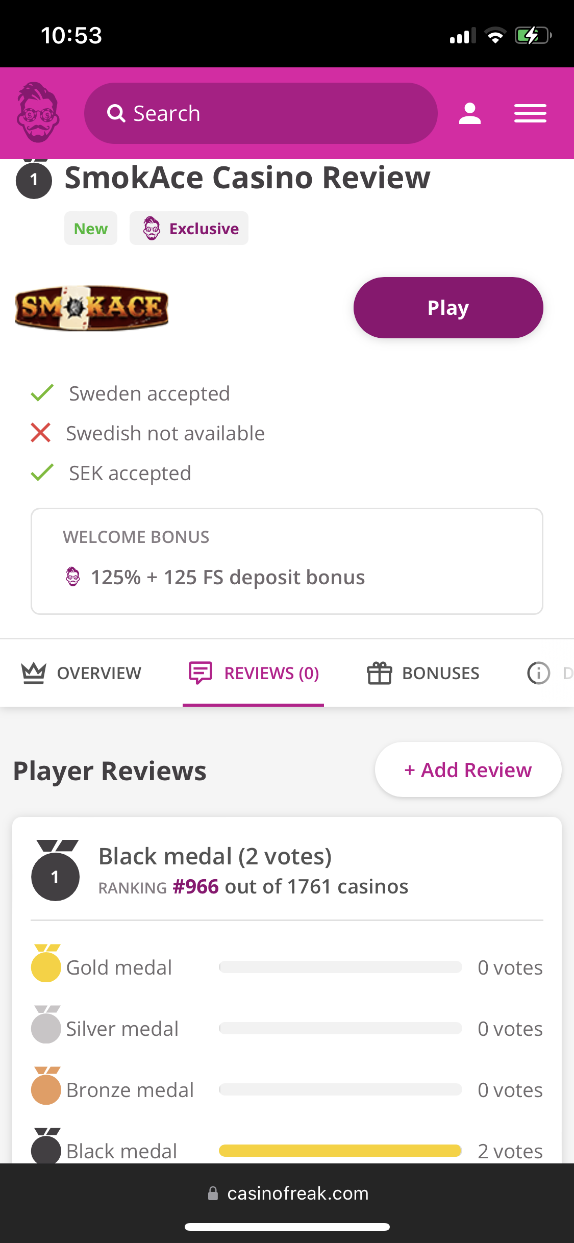 Smokace Casino - The player's account was blocked.