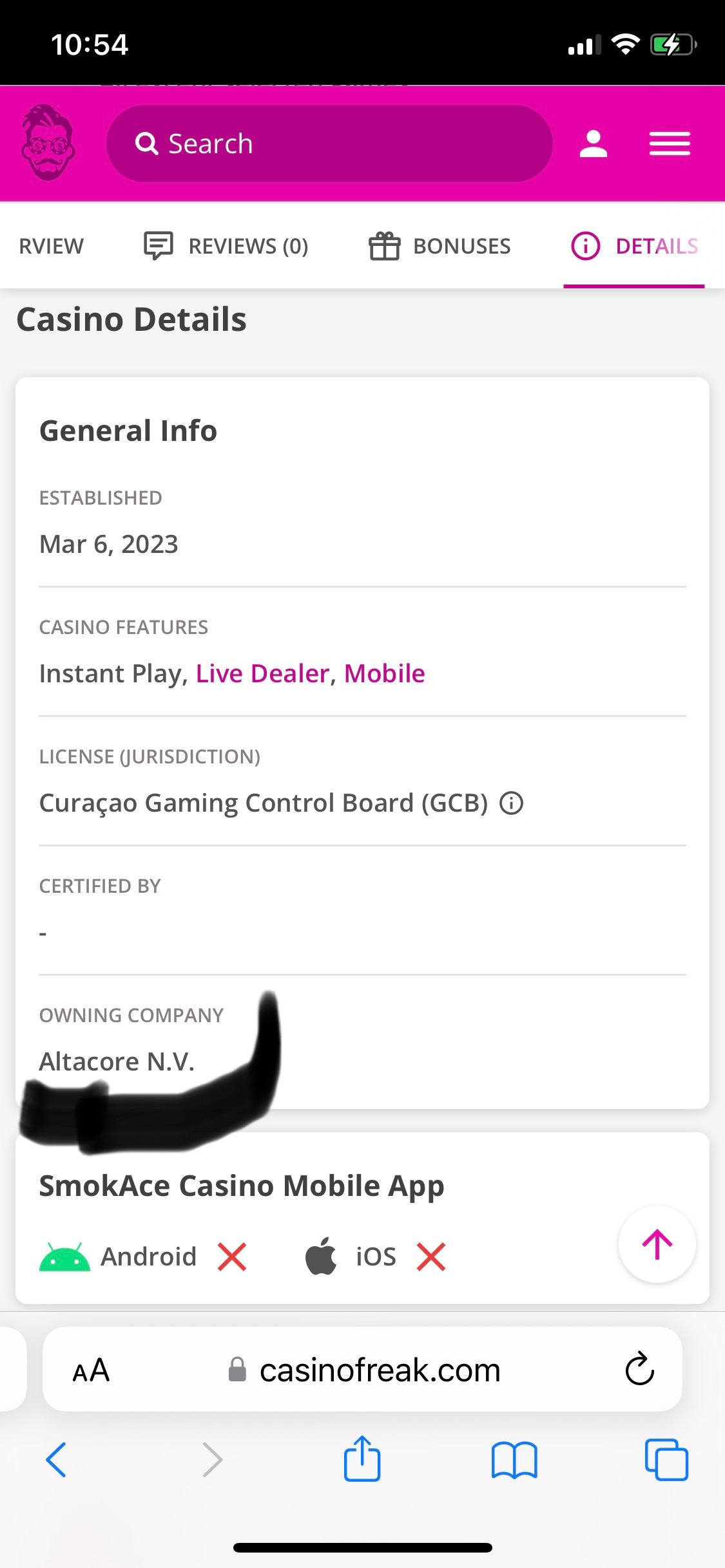 Smokace Casino - The player's account was blocked.