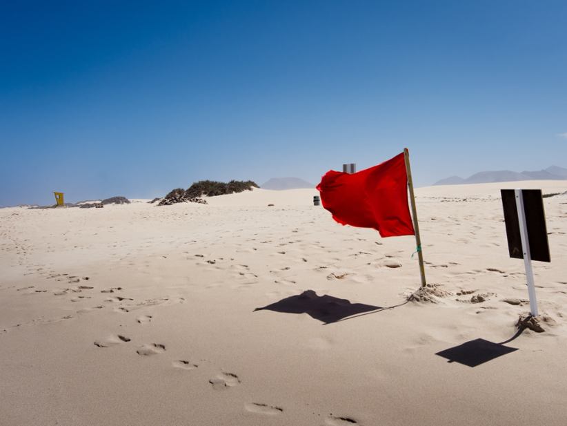 A red flag on the beach.