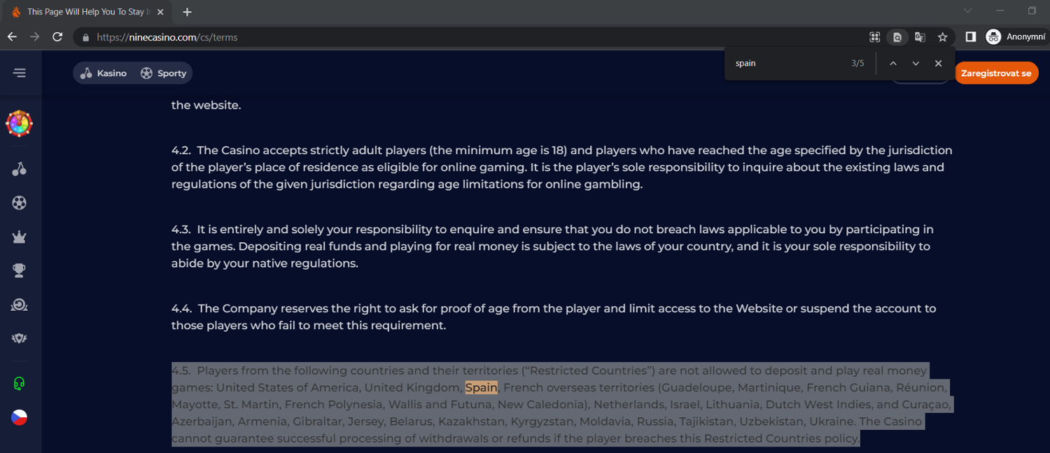 Schermata dell App di Nine Casino