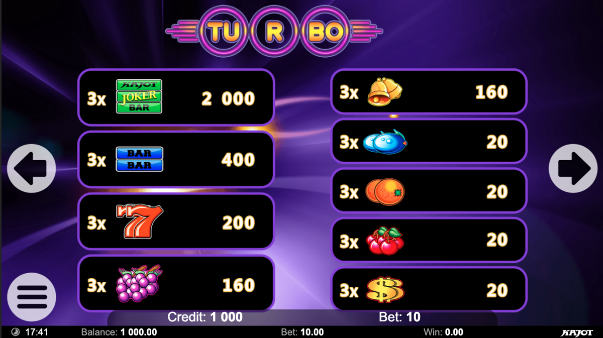 Paytable of Turbo 27 slot