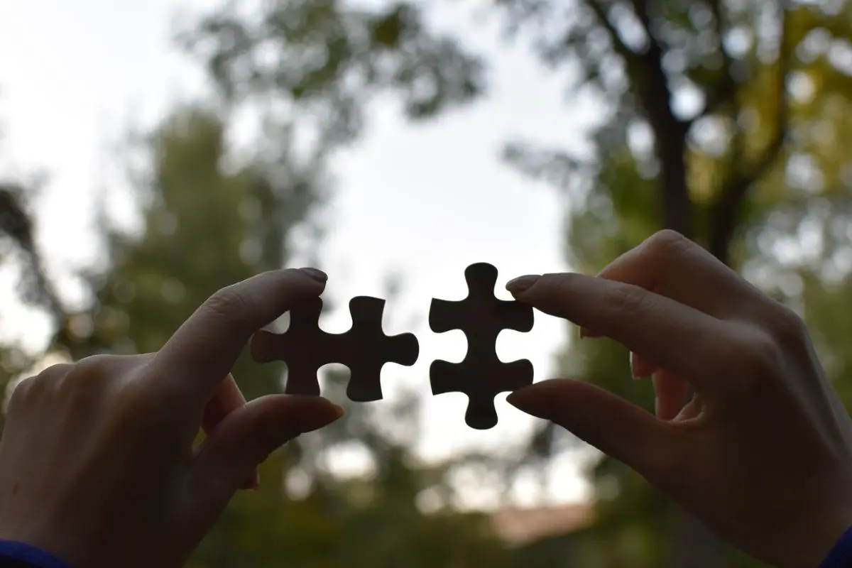 Two pieces of a puzzle fitting together.