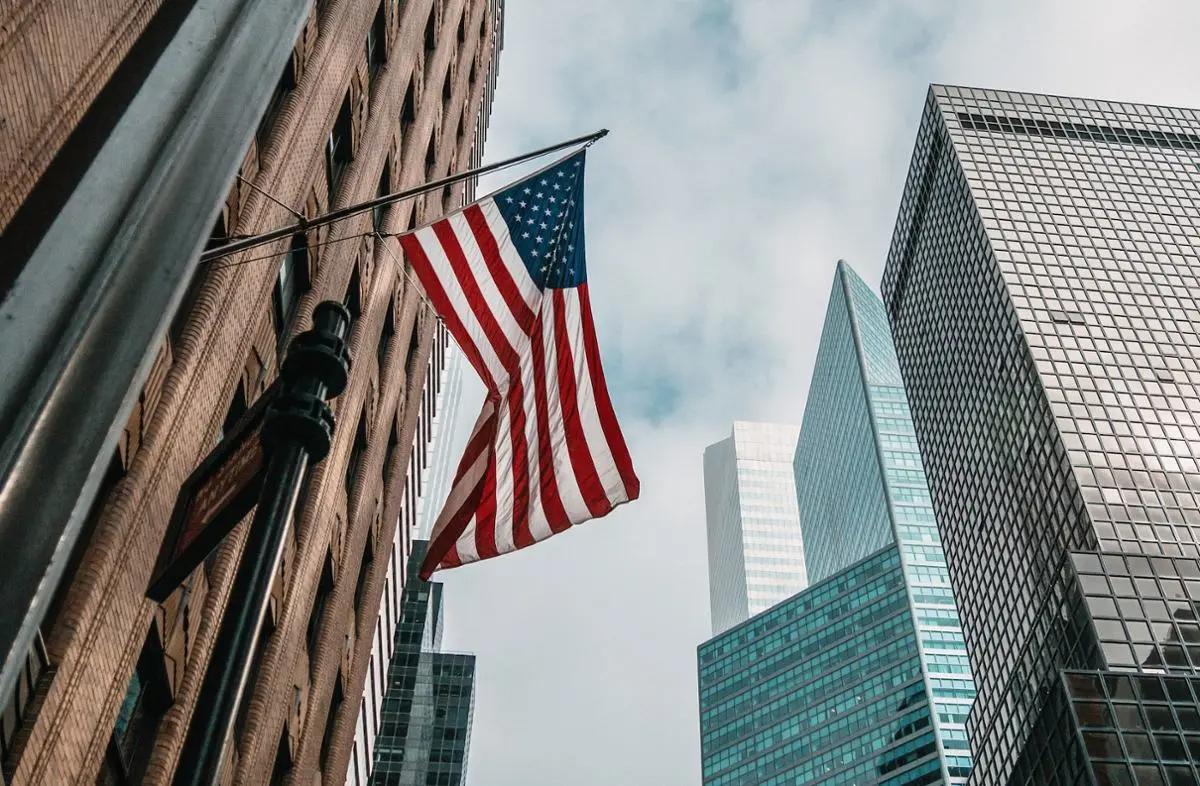 The flag of the United States on a building.