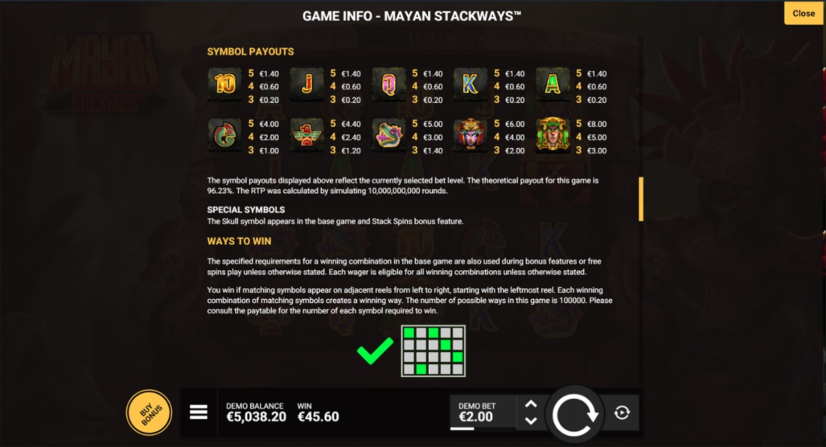 Mayan Stackways slot Paytable & Ways to win