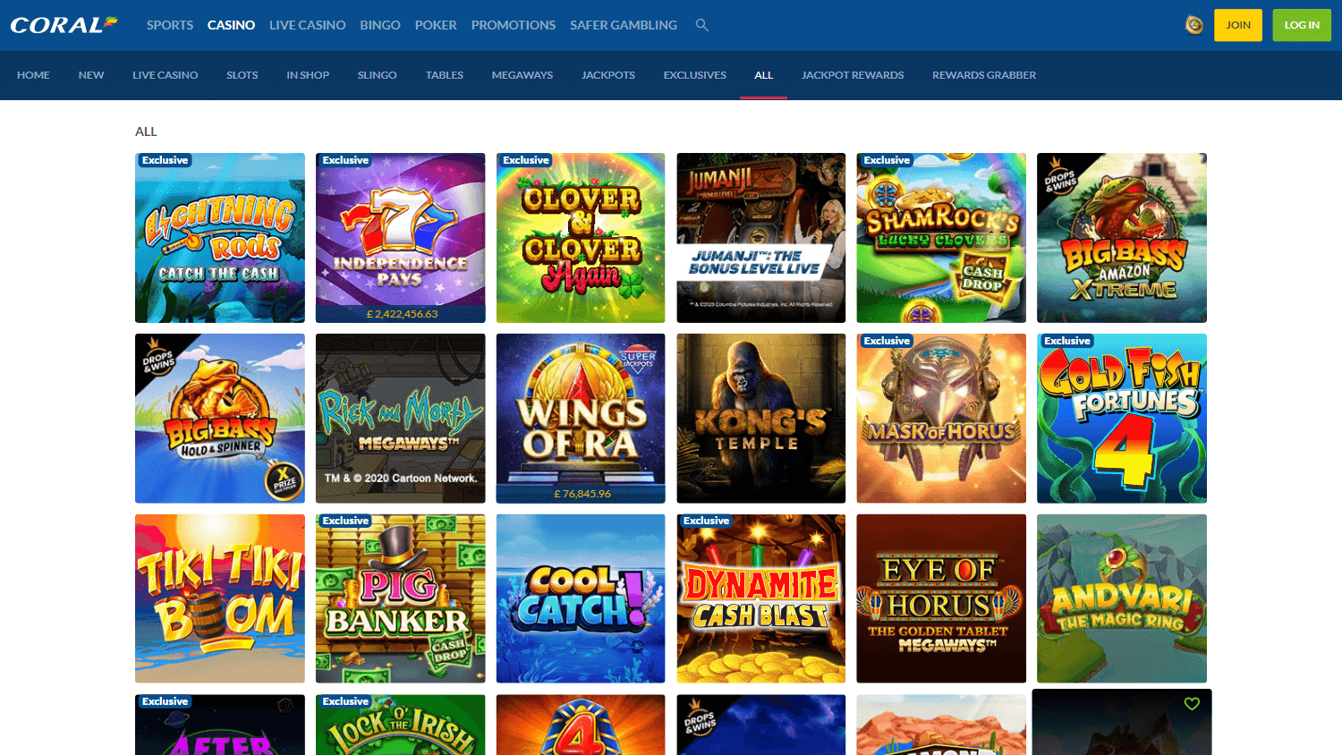 Coral casino lobby website screenshot