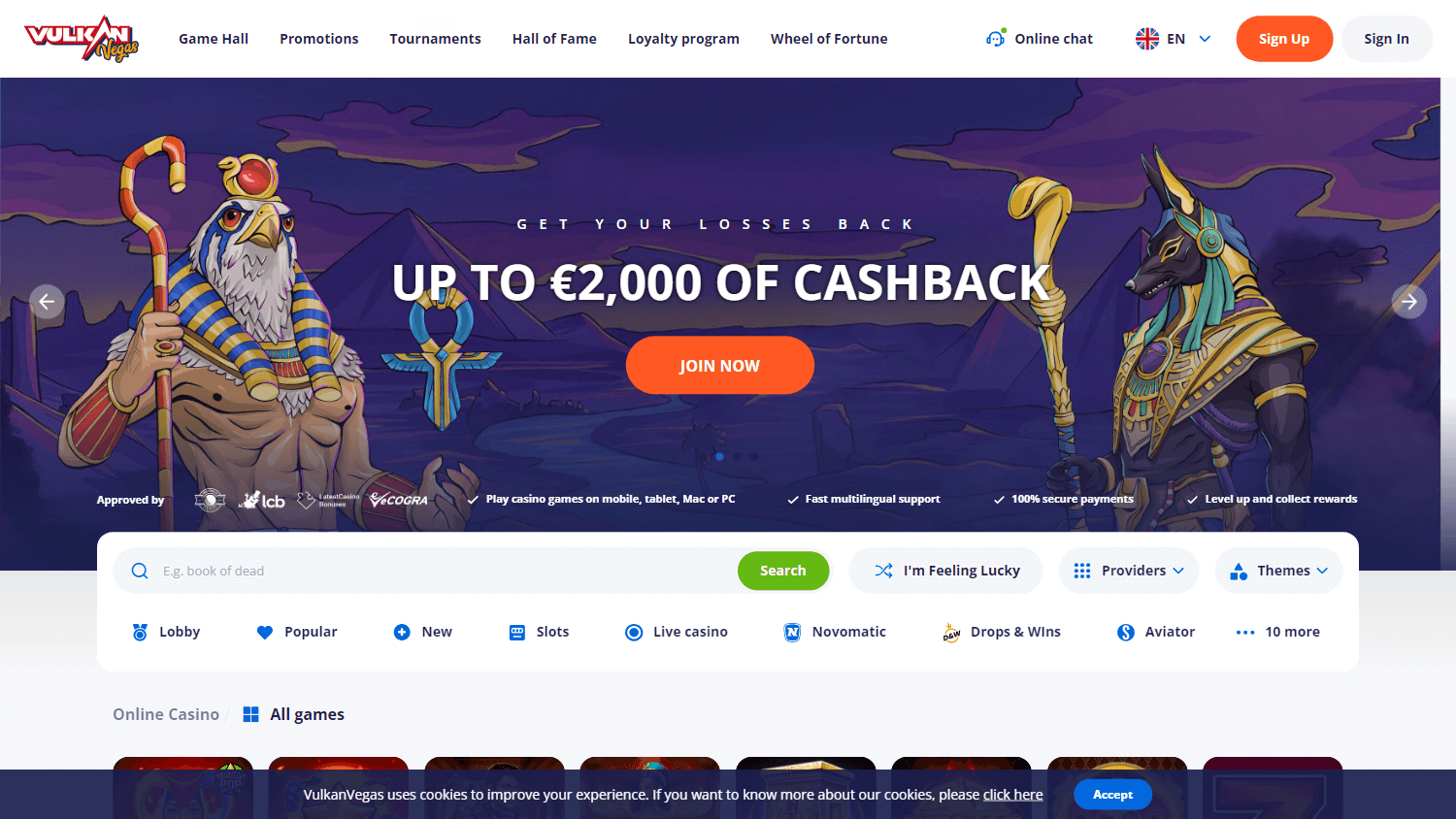 Interfejs gry Vulkan Vegas PL pokazujący różne sloty w galerii