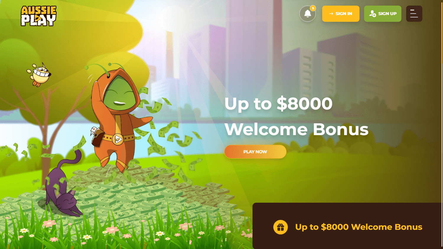 Aussie Play Casino desktop interface showcasing game lobby and login prompt