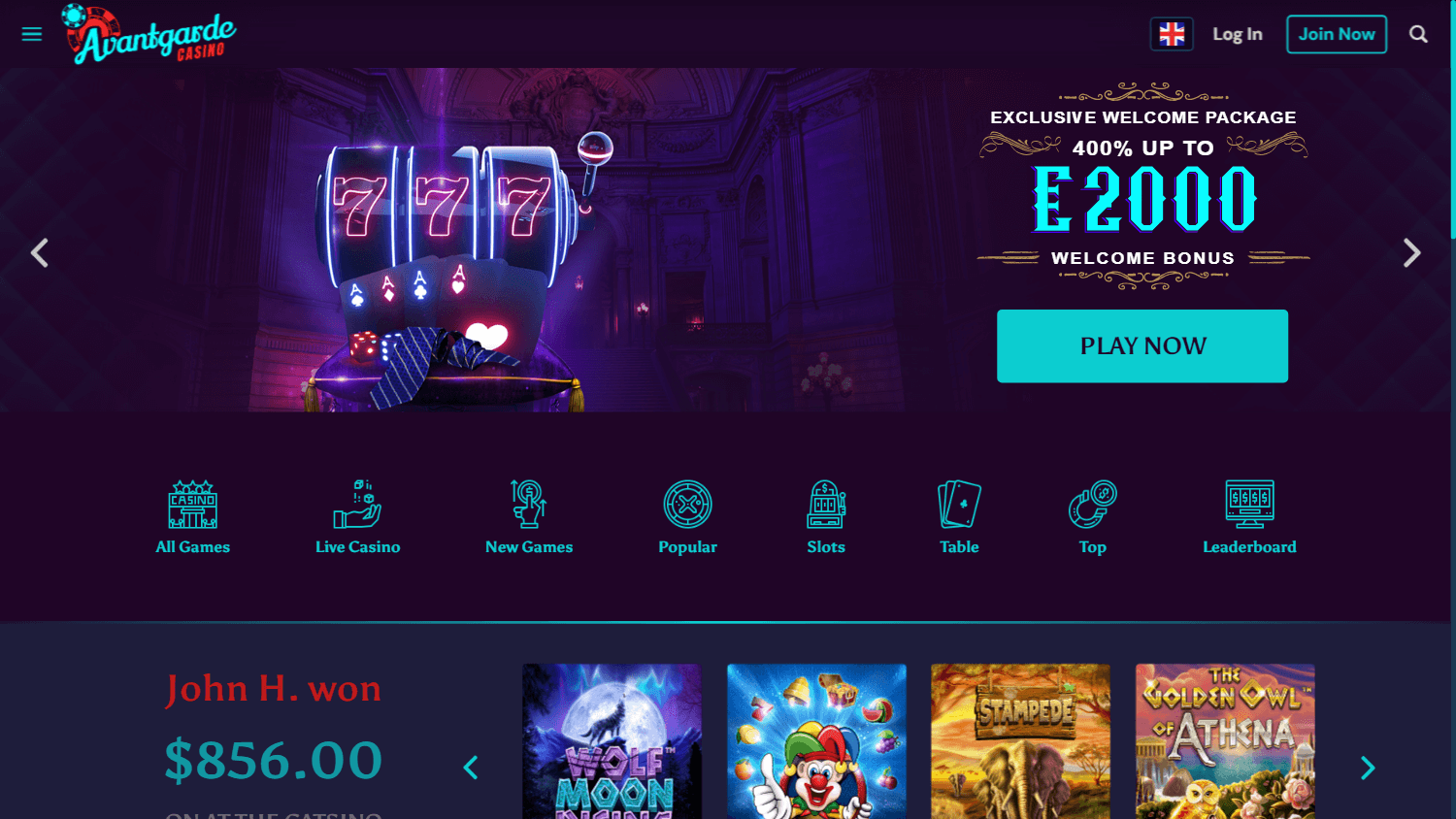 Avantgarde Casino Homepage