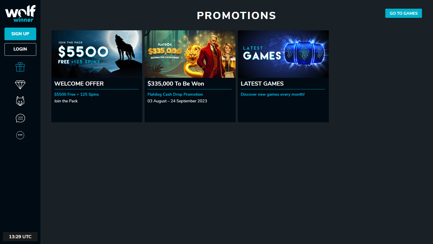 Screenshot showing promotional offers and game lobby on Wolf Winner casino platform