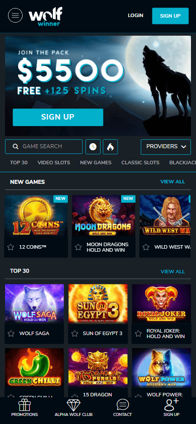 Wolf Winner Casino Homepage Mobile