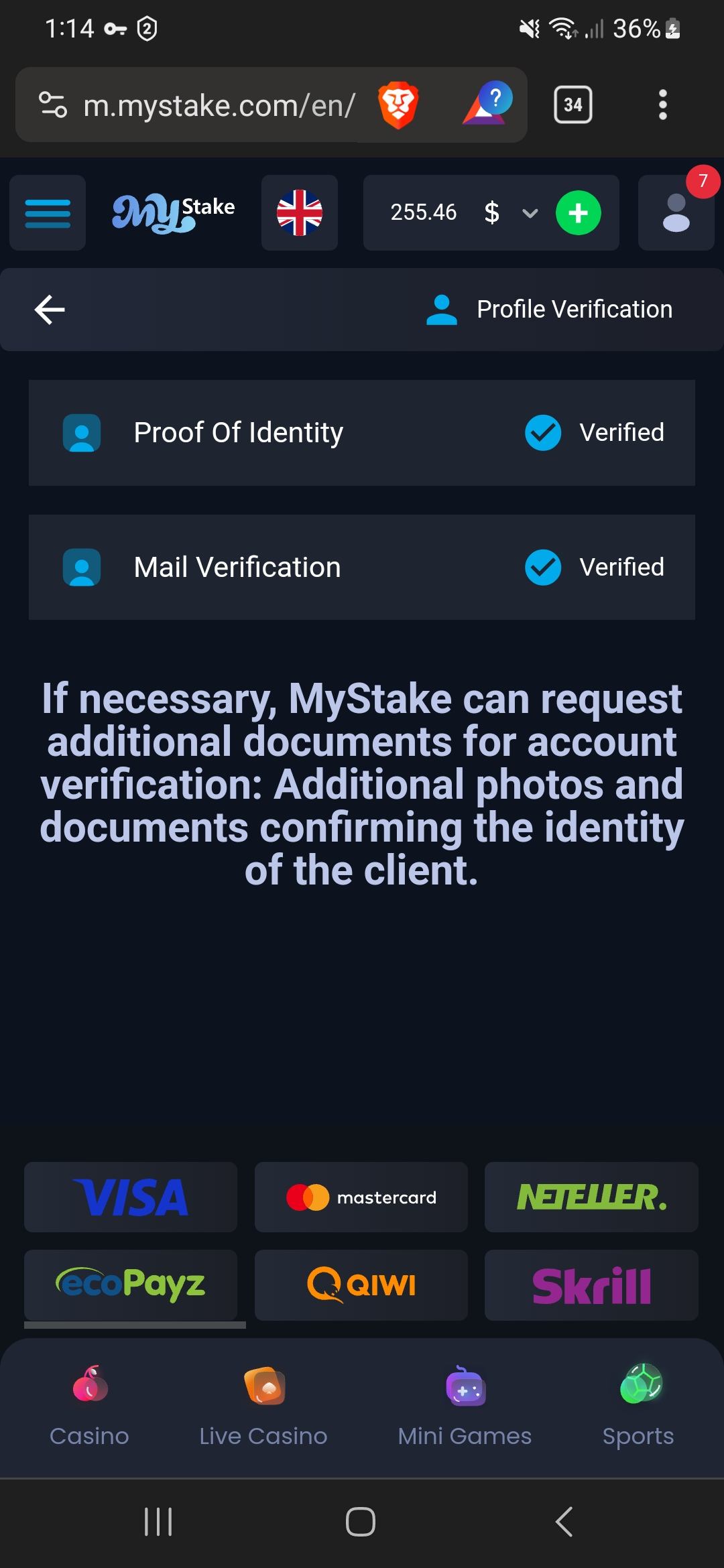 Mystake Casino dashboard showing bonus offers