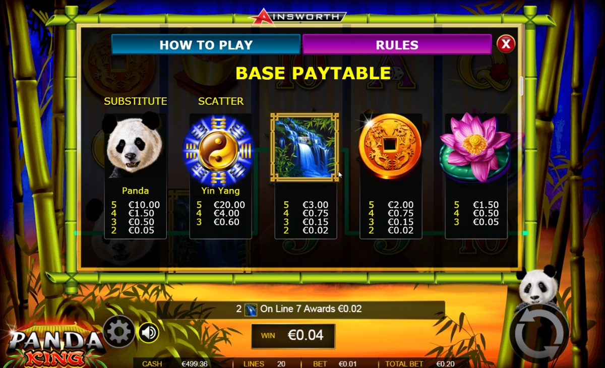 Panda King's base game paytable