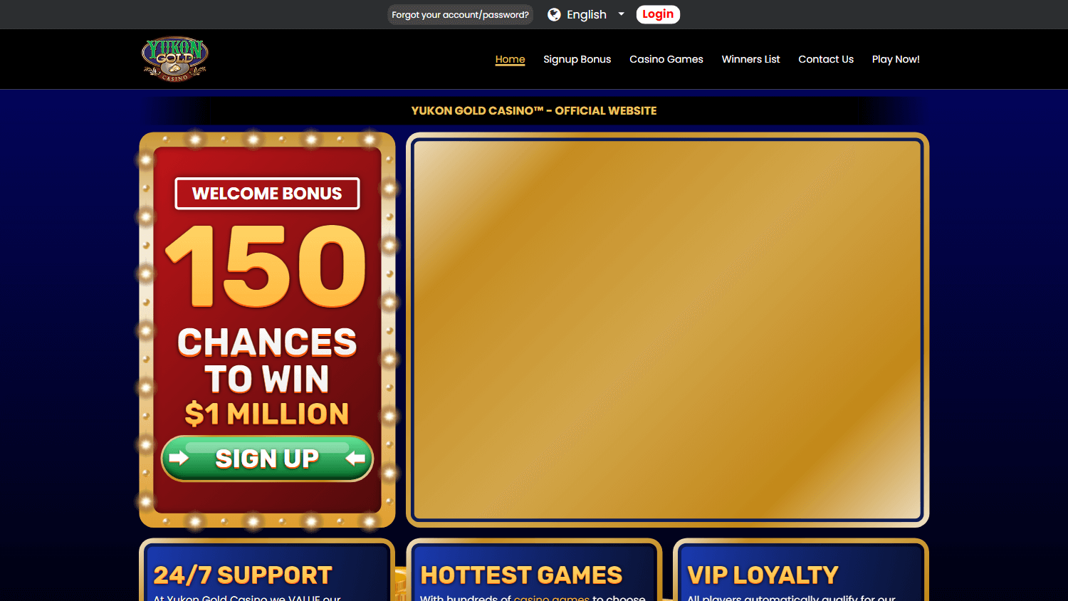 Screenshot der Yukon Gold Casino-Startseite auf dem Desktop