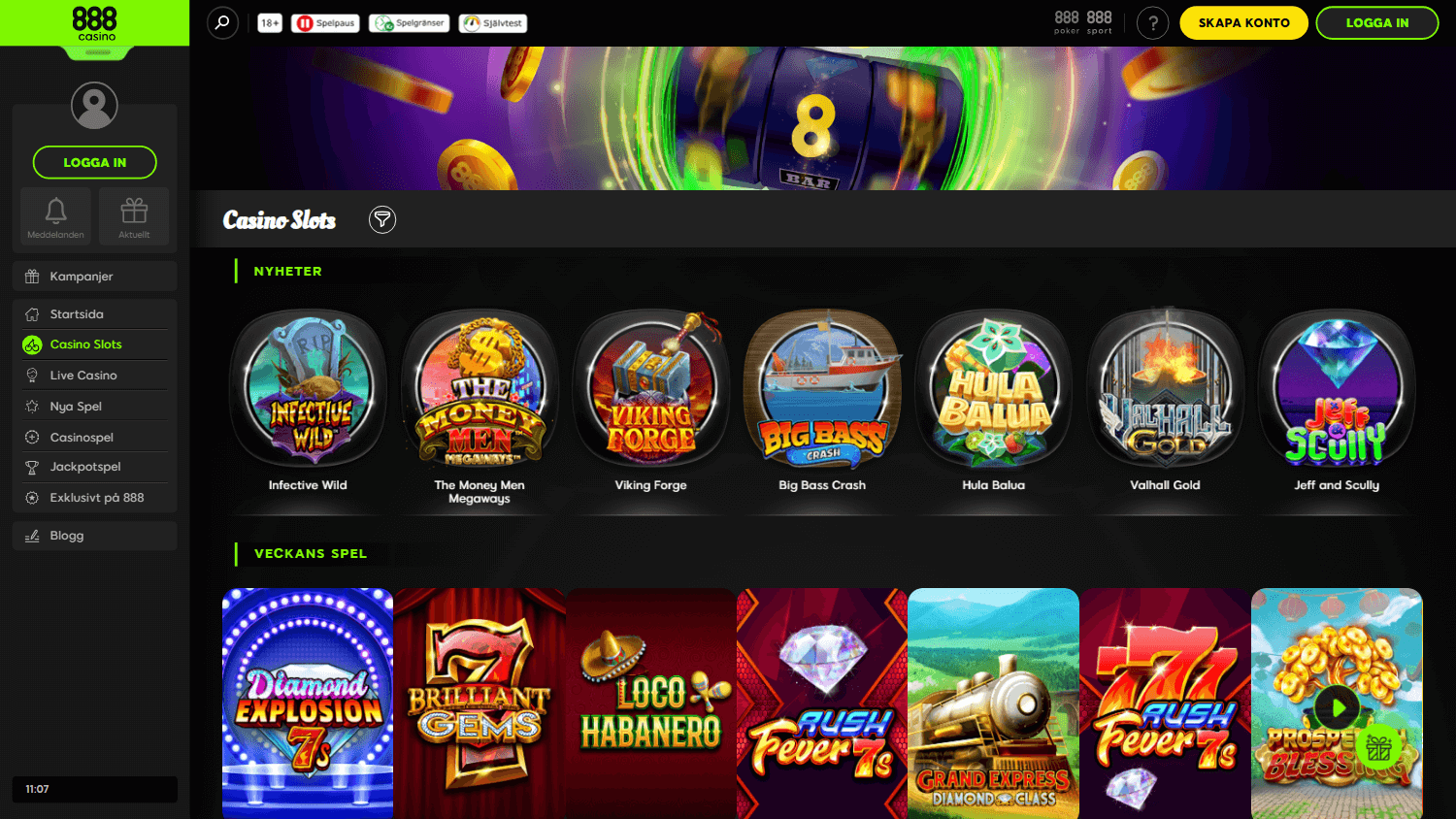 888 Casino spelgalleri på desktop