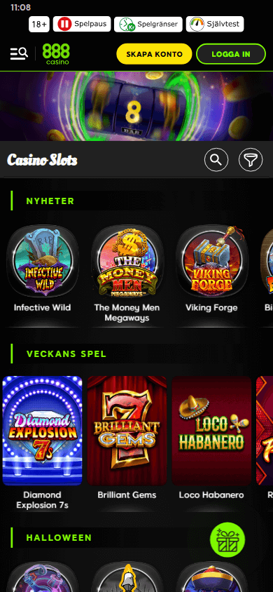 Skärmdump av 888 Casinots mobilvänliga spelsida med olika spelkategorier