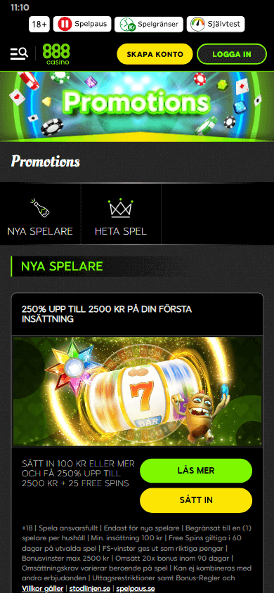 888 Casino promotions screenshot på mobil