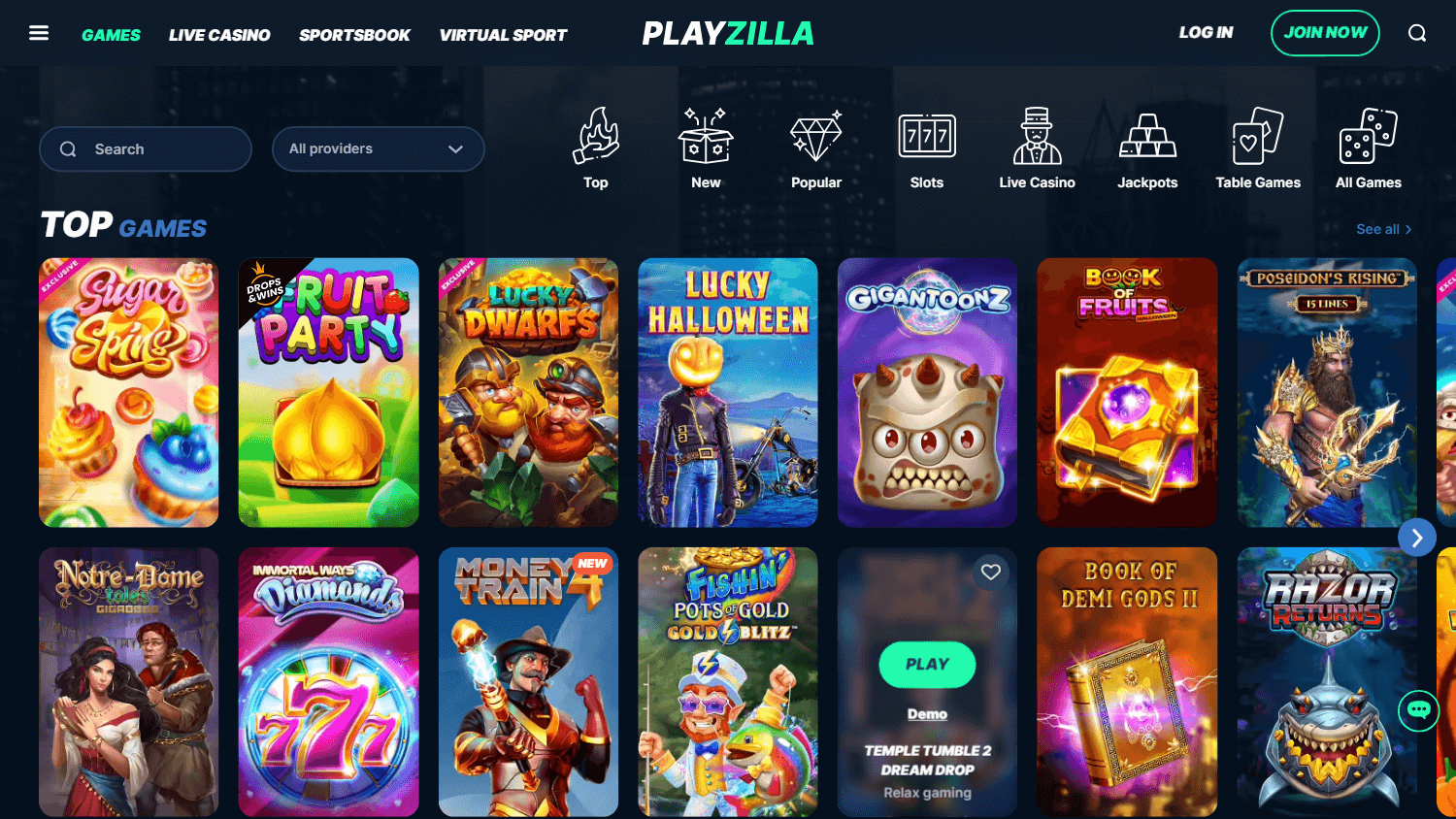 Playzilla Casino game gallery on desktop