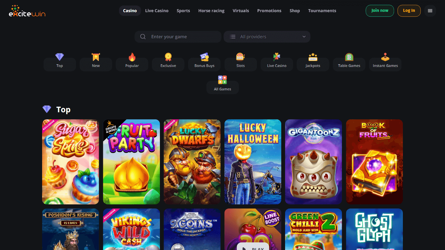 Excitewin casinon pelivalikoima
